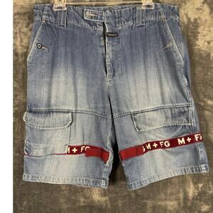 VTG Y2K Streetwear x MARITHE FRANCOIS GIRBAUD BLUE DENIM SHORTS RED STRAPS 34